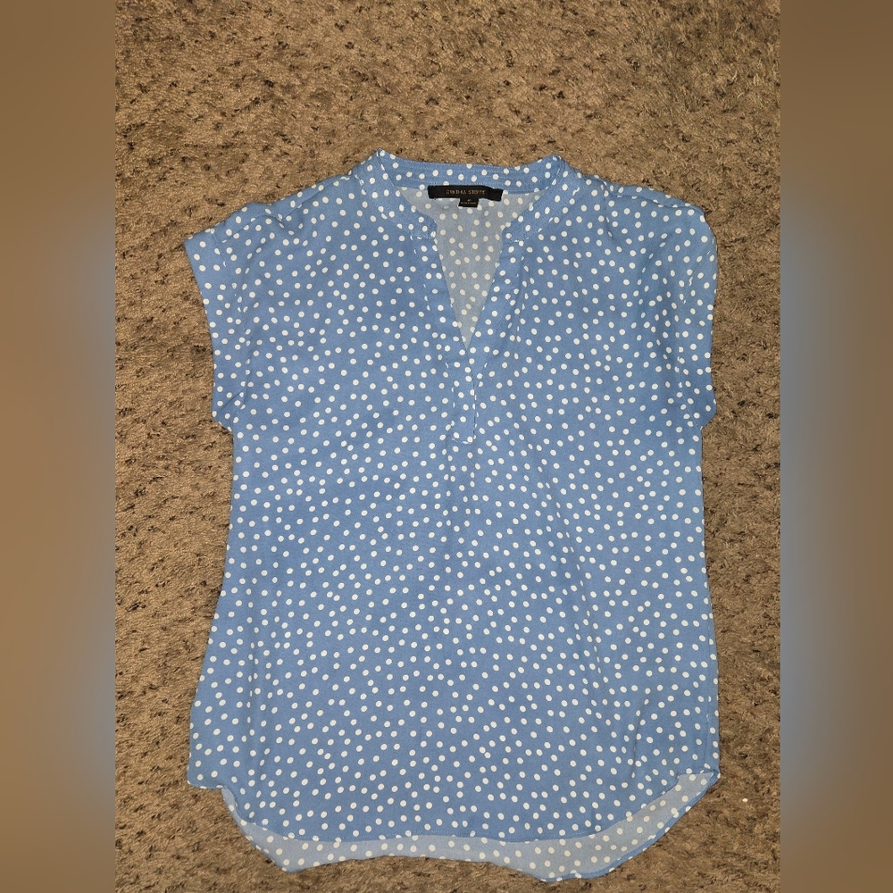 Cynthia Steffe Blue and White Polka Dot Cap Sleeve Blouse